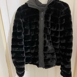 Black faux fur jacket with hood